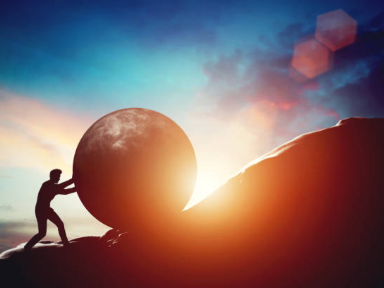 Man pushing huge concrete ball up hill. Sisyphus metaphor. Sisyphean work, big challenge concept. 3D illustration